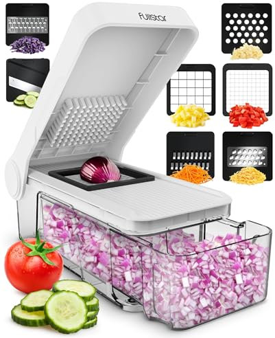 Gemüseschneider Mandoline Gemüsehobel - Gemüse Schneider Gurkenhobel Zwiebelschneider Kartoffelschneider Obstschneider - Reibe für Gemüse und Käse - Julienneschneider (7-in-1 Kompakt Weiß)