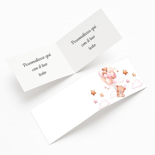 PV Grafik® | 100 Bigliettini Bomboniere Nascita Bimba Personalizzati | Biglietti Battesimo Rosa Orsetto | Etichette Bomboniera Neonata | Bigliettini Pieghevoli Personalizzabili (Modello 40)
