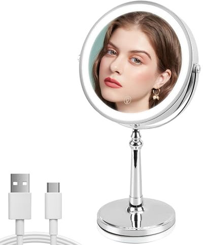 WITFAMILY Kosmetikspiegel mit Beleuchtung mit Vergrößerung 10fach, 9 inch Vergrößerungsspiegel mit Licht, Wiederaufladbar Doppelseitiger Schminkspiegel mit Beleuchtung für Badezimmer (Silber)