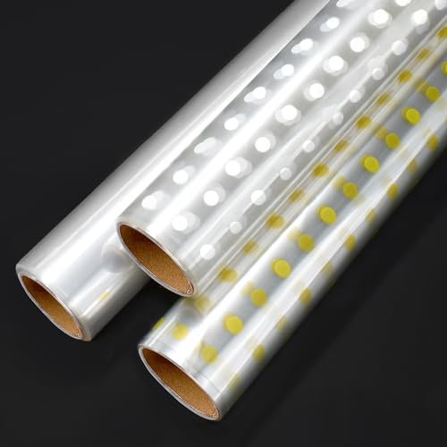 Klare Zellophan-Verpackungsrolle für Geschenkkörbe, 3 Rollen doppelt gefaltet 84 cm x 6 m, goldene Punkte, weiße Punkte, transparentes Zellophan