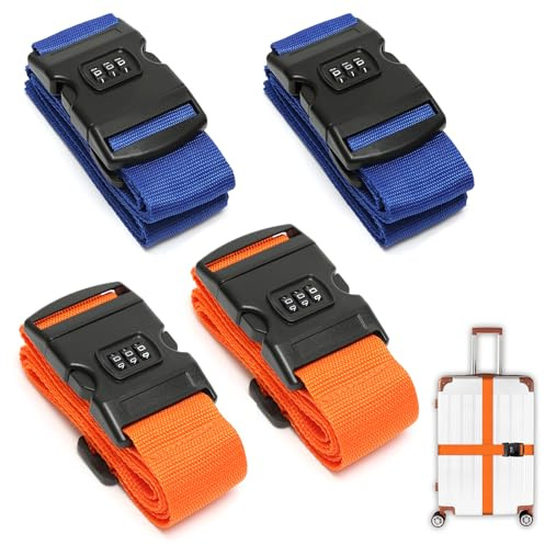 Lot de 4 Sangles Valise avec Code, 2 Couleurs, Sangle de Babages Réglables Personnalisées, Ceintures de Valise de Voyage pour Valises, Valises de Voyage, Orange et Bleu