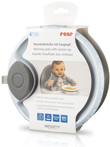 reer Warmhalteteller mit Saugnapf | Rutschfester Babyteller | Esslerngeschirr | hält Mahlzeiten länger warm | spülmaschinengeeignet | Grau/Weiß