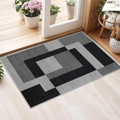 AMEHA Rugs Living Room – Milo Black & Grey Area Rugs for Bedroom Small Bedside Mat 40x60 cm Modern Kitchen Carpet - Geometric Style Durable Super Soft Non Slip Non Shedding Floor Rug Easy Clean