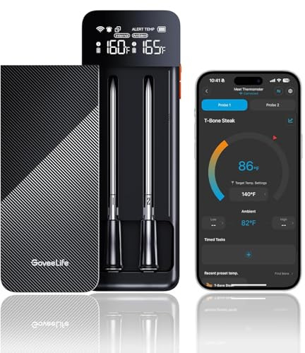 GoveeLife Bluetooth Wireless Meat Thermometer with 2 Probes, Standalone Digital Base, WiFi Unlimited Range, ±1.8℉ Accuracy, IP68 Waterproof Real Time Monitoring, for Kitchen, BBQ, Grill, Oven, Smoker