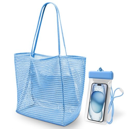 Summer Beach Bags for Women with Zip Pocket Reusable Foldable Beach Tote Bag including The Same Color Waterproof Phone Pouch Lightweight Mesh Beach Bag for Shopping Holiday Travel Picnic Gym (Blue)