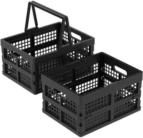 Waikhomes 14 L Collapsible Storage Crate with Handle, Black Plastic Foldable Shopping Baskets, 2 Pack