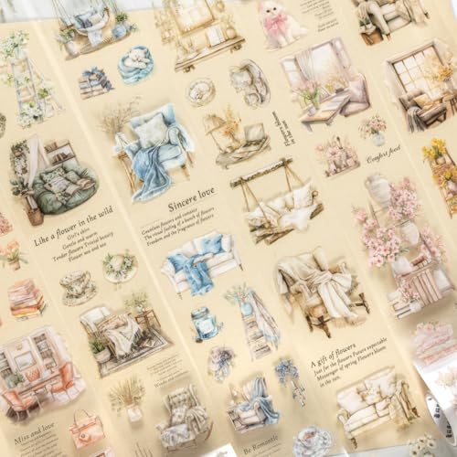 Kesari Washi Tape Klistermärken Set, 6 rullar PET Scrapbooking Tillbehör Klistermärken, Hem Tematiska Estetiska Dekorativa Klistermärken för Bullet Journal Tillbehör, Journal, Fotoalbum