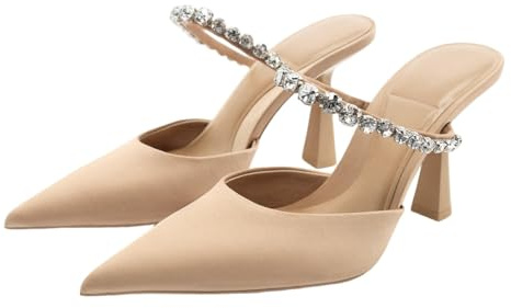BAISOILIHA Femmes satin Aiguille Heel Mules Crystal Tipped Straps Bout Pointu Perfect for Fête Mariage or Soirée Dress Occasions Chaussures pour femme Dames Filles Abricot Taille 36