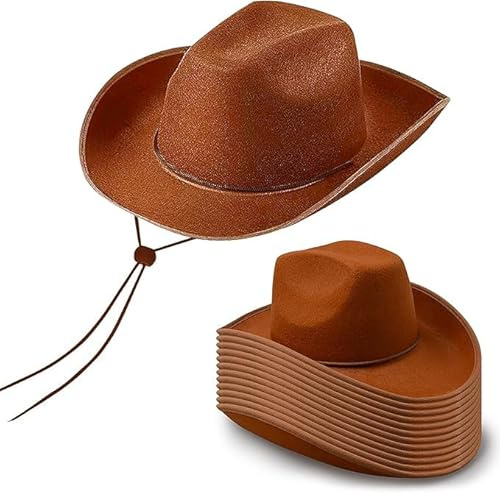 SWHCM 12 Stück Cowboyhüte Western Cowboyhut mit verstellbarem Kordelzug, Schlichter Cowgirlhut für Hochzeit Bühnenauftritt (Braun)