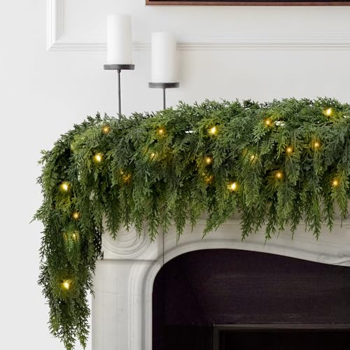 2PCS 9FT Christmas Cedar Garland with 100 Led Lights, Full 240 Pine Branches, Realistic Garland Artificial Greenery for Fireplace,Wall Indoor Outdoor Decorations
