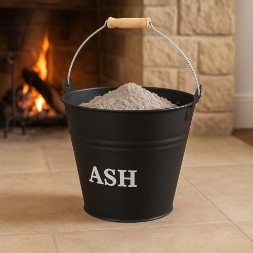 Metal Ash Bucket with Wooden Handle, 12L Capacity, Black Fireplace Container with Lid for Wood Burning Stove