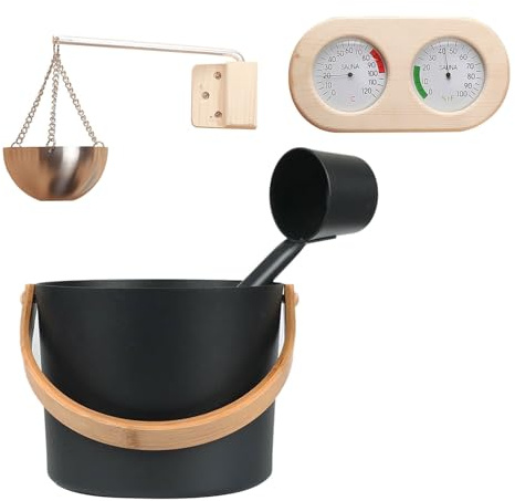 Saunaeimer Set – 16.7 Zoll Sauna Zubehör | Aluminium Sauna Aufguss – Hammerschlag-Eimer mit Holzgriff, Schöpfkelle, Thermo- und Hygrometer, ideal für luxuriöse Saunen und Aromatherapie