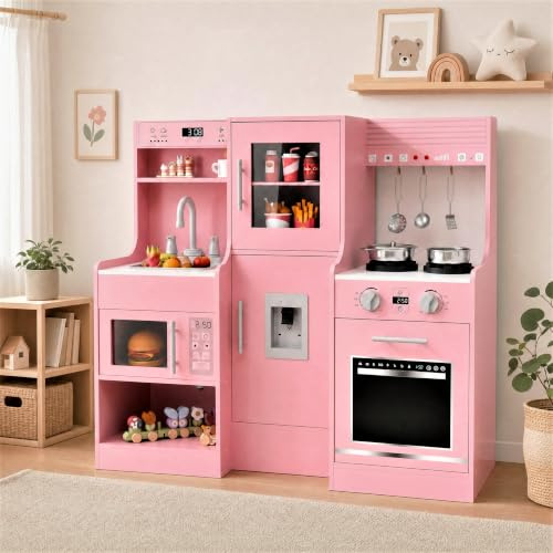 MAMIZO Wooden Play Kitchen for Kids, Large Interactive Toddler Toy Kitchen | with 6 Kitchenware, Realistic Water Dispenser & Hood w/Lights & Sounds, Sink, Stove, Oven, Microwave (Pink)