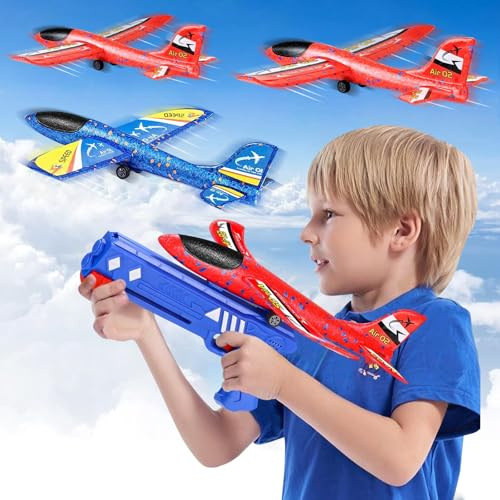 PQETBV Avión de Juguete, 4 Piezas de Tiro Planeador de Espuma de Poliestireno Avión de Juguete con Pistola de catapulta y la Etiqueta engomada, Aire Libre Volar Juguete para Niños Niñas 3-10 Años