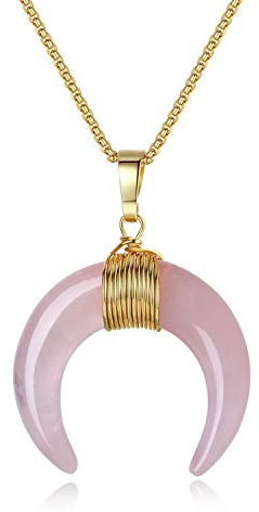 COAI Collana da Donna in Acciaio Inox Placcato Oro con Ciondolo Doppio Corno Luna Crescente in Quarzo Rosa