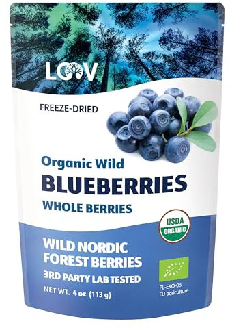 Getrocknete Bio-Wildheidelbeeren, ohne Zuckerzusatz, 113g, gefriergetrocknete Heidelbeeren aus nordischen Wäldern, 100% Vollfrucht-Wildheidelbeeren, ohne Zusatzstoffe, frei von Gentechnik