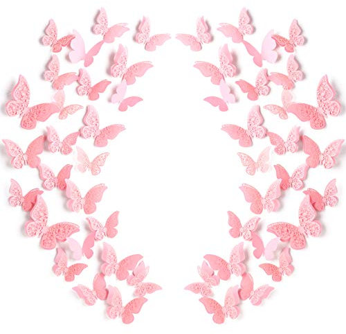 120 Pièces 60 Paires Décoration Murale Papillon en Couches 3D Autocollants Papillon Amovibles Stickers Muraux Creux Artisanat d'Art Mural Décoratif Bricolage, Rose