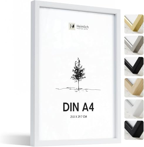 Heimlich® - Cornice per foto - A4 21x30 cm, Legno di Ayous, Bianco - Cornice per certificato di documento con copertura in foglio di plastica - Montaggio a parete o esposizione da tavolo