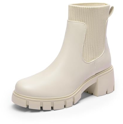 DREAM PAIRS Stivali da Donna Casuale Chelsea Stivaletti Tacco Medio Stivaletto Blocco Tacco,Size 37,Beige,SDAB2312W
