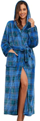 1stvital Women's Plush Hooded Bathrobe Soft Flannel Fleece Long House Robe Warm Winter Robes Plaid Nightgowns with Pockets Plus Size