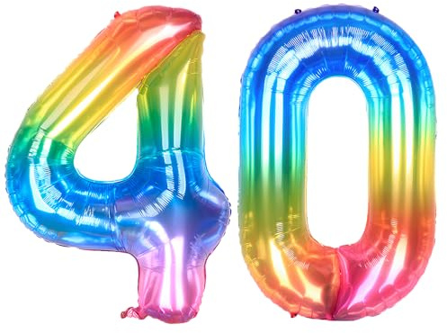 Ponmoo 40 inches Foil Balloons Numbers 40 Neon Rainbow (101cm), Inflatable Helium or Air, Giant Balloon Number 0-9, 10-29, 30-100, Grand Balloons for Anniversary Wedding Birthday Party Decoration