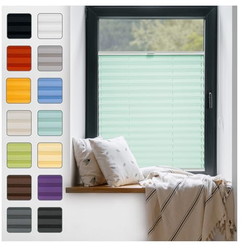 Fenster Plissee ohne Bohren zum Kleben Innenrahmen - Thermo Plisseerollo Innen - Rollo Jalousie, Halterungen auf Rahmen, Faltrollo, Sichtschutz, Blickdicht, für Fenster & Tür - Mint, 75 x 80 cm