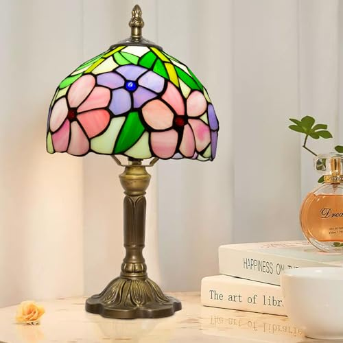 Ppbmocw Tiffany Style Lamp,Four Flowers,3 Color Temperatures,8 inch | Small Stained Glass Table Lamp For Bedside,Living Room,Bedroom,Reading,Traditional Light,Vintage Art Deco Lamps,Holiday Gifts