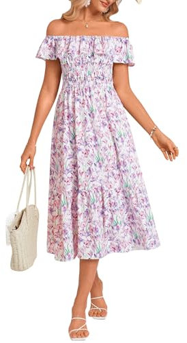Damen Elegante Lila Blumenkleid für Hochzeitsgast Ärmellos A Linie Boho Festlich Kleider Leicht CL15-05/Lila Blume XL