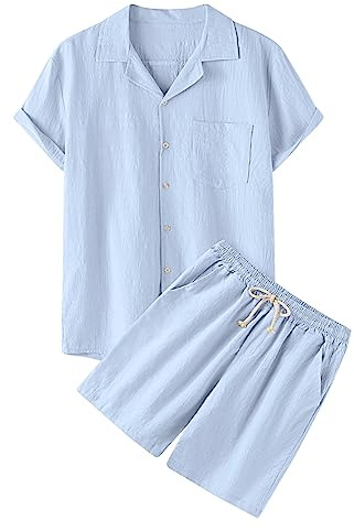 Celucke Tuta Uomo Estivi Cotone lino Completo Elegante 2 Pezzi Casual Sportiva Camicia Cotone lino tinta unita a Maniche Corte Pantaloncini Traspirante Spiaggia Set Lose Fit 2 Pezzi