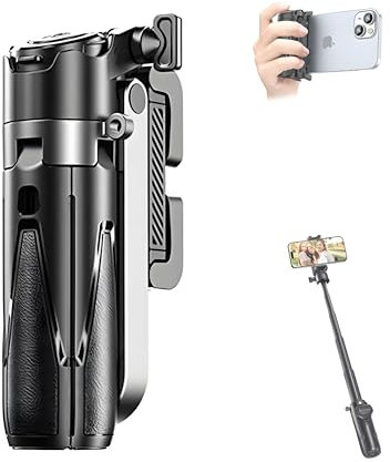Trípode para Teléfono Móvil, 3 en 1 Bluetooth Selfie Stick Cell Phone Handle Capgrip con Mando a Distancia, Mini Trípode Extensible para iPhone/Samsung/Android Smartphones, 2 Zapata Fría (Negro)