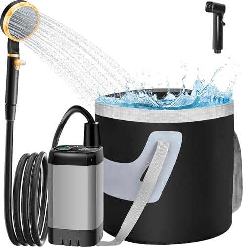 riggoo Campingdusche Tragbare, 8000mAh Camping Dusche Akku mit Pumpe und Temperaturanzeige, Outdoor Mobile Duschen mit Duschkopf und 2M Schlauch für Garten, Strand,Haustier,Autowaschen,Reisen