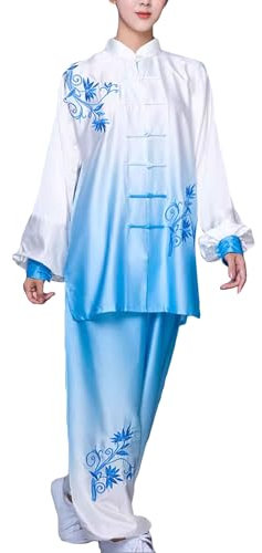 G-LIKE Tai Chi Stickerei Trainingsanzug – Traditionelle Chinesische Kampfkunst Taiji Kung Fu Wing Chun Frühling Sommer Wettkampf Langarm Uniform Farbverlauf Anzug für Damen Herren (Weißkragen, XXL)