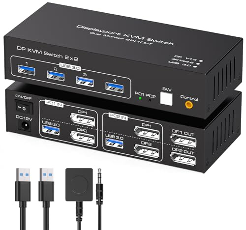 TJCXELE Commutateur KVM Displayport 4K144Hz 2 moniteurs 2 ordinateurs 8K USB 3.0 commutateur KVM 2 ports pour 2 ordinateurs partagent double moniteur et 4 périphériques USB 3.0 prend en charge le mode