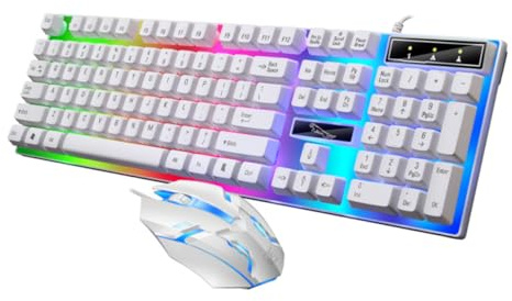 GARIOUANS Kit Teclado y Ratón Cable para Juegos, Teclado De Computadora Ergonómico Retroiluminación Led, Protección contra Líquidos, Blanco, Accesorio Pc Gamer para Uso Prolongado