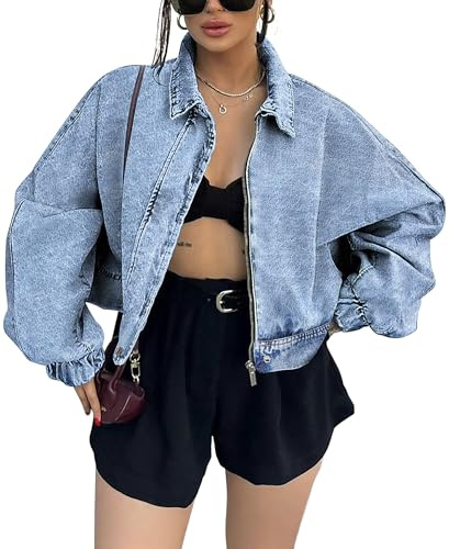 Vestes en Jean Femme Veste Oversize décontractée à Manches Longues et Coupe Courte Manteau en Jean Tendance