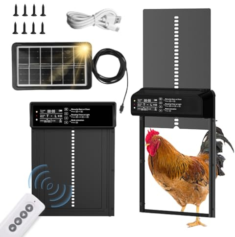 CHSEEO Abridor automático de puerta de gallinero alimentado por energía solar, grande para correr. Pantalla LED, temporizador, sensor de luz, control manual y remoto, antipellizcos, aleación de