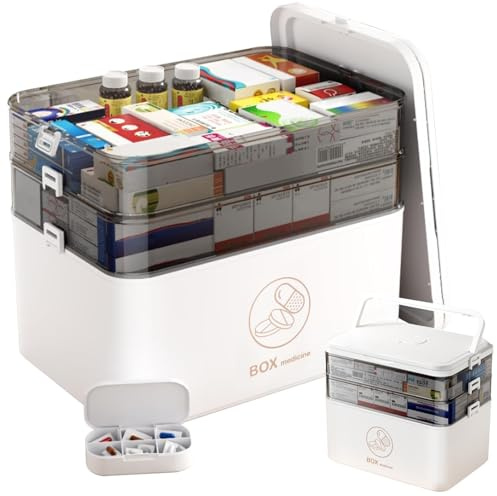 Purecas 3-stöckige Medizinbox | Portable Hausapotheke mit robustem Griff | Ideal für Haushalt, Reise & Notfall | Übersichtliche Aufbewahrung für Tabletten, Verbandsmaterial & Hygieneartikel