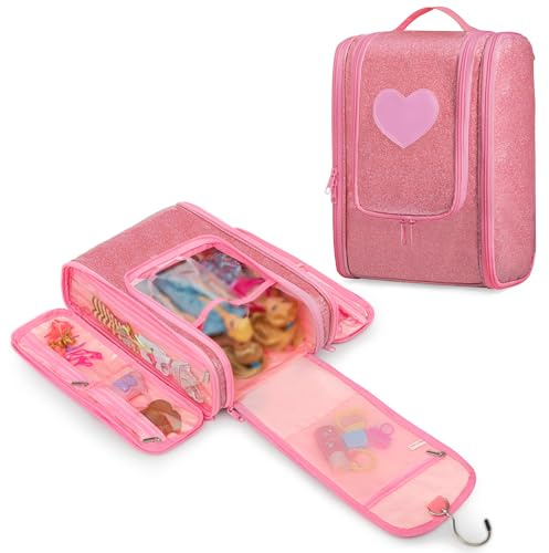 LoDrid Travel Carrying Case Compatible with Barbie Dolls 12-inch Holds up to 6 Dolls, Display Organizer with Hanging Hook, Doll Clothes Storage with Multiple Pockets for Accessories, Bag Only, Pink