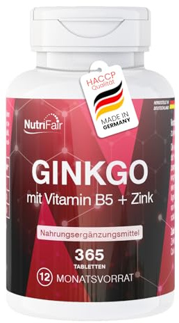 Ginkgo Biloba – 365 tabletter – med vitamin B5 och zink – högdoserad – 100% vegansk – tysk tillverkning och laboratorietestad – NutriFair | Premium & Fair
