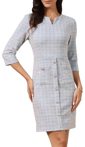 Allegra K Robe en Tweed Femme Fourreau Vintage Manches 3/4 Col Rond avec Fente Idéale pour Le Bureau et Le Travail