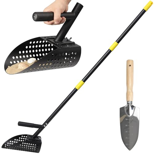 Paletta per la sabbia per il rilevamento di metalli da 162,6 cm, pala regolabile per metal detector, in acciaio inox, con manico lungo in acciaio, setaccio per sabbia, pala per la spiaggia, nero
