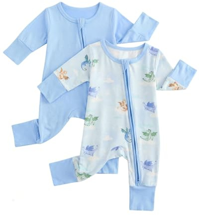 WYTbaby 2 Pack Baby Sleepsuits Two-Way Zip, Breathable Viscose From Bamboo Pajamas with Fold-Over Mittens and Footed for Baby Grows 9-12 Month Blue