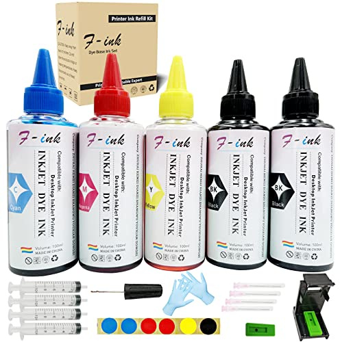 F-ink, Kit di ricarica per inchiostro con flaconi da 5x100 ml, compatibile con cartucce Hp 304 302 650 62 652 300 301 304XL 652XL 300XL 650XL 302XL 62XL 301XL, con strumenti di ricarica