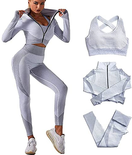 Veriliss 3st Sömlösa Sportklädset för Kvinnor, Träningsdräkt 3 Delar Träningsoverall Yoga Leggings och Stretch Sport-bh Gym Kläduppsättning (L, Grå)