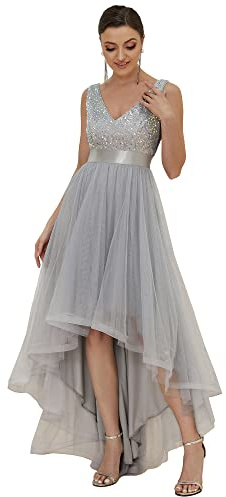 Ever-Pretty Vestido de Fiesta Largo para Mujer Alto Bajo Corte Imperio sin Mangas sin Elasticidad sin Respaldo Escote en V Elegantes Plata 54