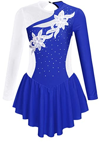 YiZYiF Abito da Pattinaggio Artistico sul Ghiaccio per Ragazze Bambine Concorso Gara di Pattinaggio di Figura Vestito da Balletto Pattinatrice a Maniche Lunghe 4-14 Anni Blu Reale 11-12 Anni