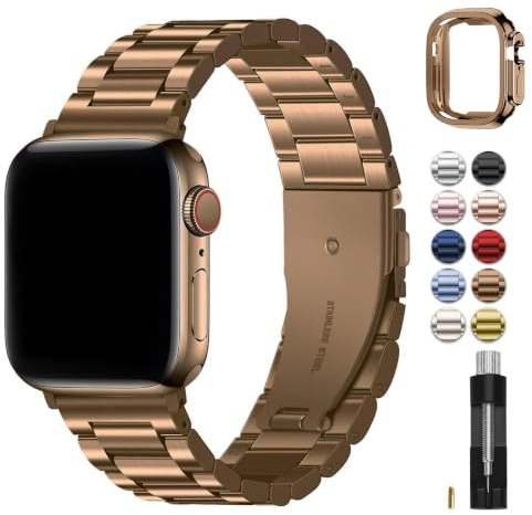Fullmosa Compatible with Apple Watch Straps 40mm 41mm 38mm, Metal Stainless Steel Replacement Bands for iWatch SE 3/2/1 Series 9/8/7/6/5/4/3/2/1, Gold and Coffee & Protective Case