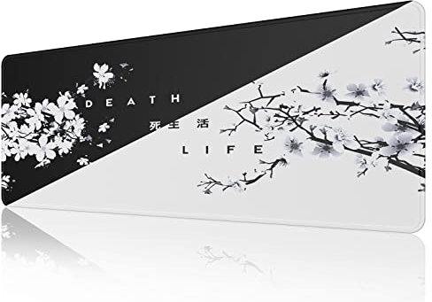 EFISH Mauspad mit japanischem Kirschbaumblütenmotiv, verlängerte große Schreibtischunterlage, genähte Kanten, rutschfeste Gummiunterseite, Gaming-Mauspad, Schwarz und Weiß