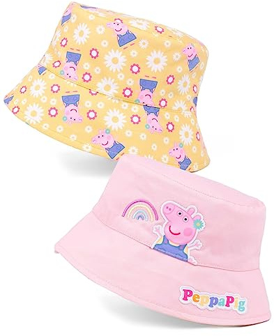 Peppa Pig Sombrero Cubo Reversible Chicas | Niños pequeños Pink Yellow Flowers Animal Character Sun Cap | Regalos de mercancía de Series animadas de TV
