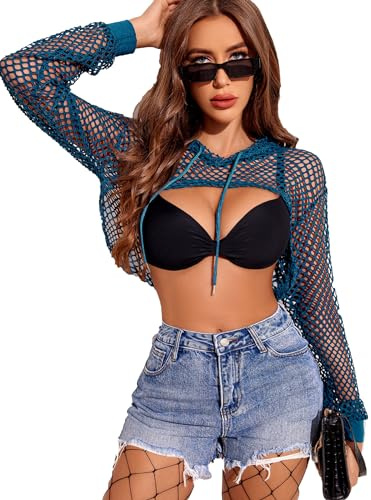 Avidlove Damfisknät, långärmad, crop top, sweatshirt med huva, mörkblå, L, Mörkblå, L
